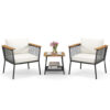 3 Piece Patio Furniture Set Rattan Chair Set with 2-Tier Coffee Table-White - Color: White