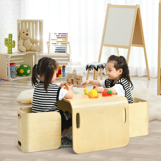 3 Pieces Kids Wooden Table and Chair Set - Color: Natural - Image 2