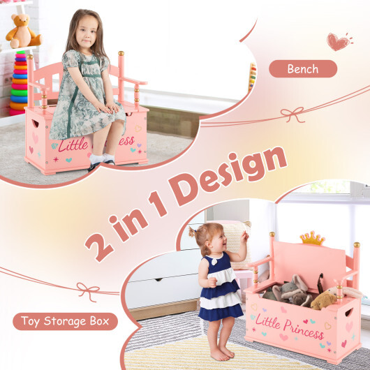 2-In-1 Kids Princess Wooden Toy Box with Safe Hinged Lid-Pink - Color: Pink - Image 3