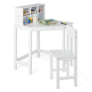 Kids Wooden Corner Desk and Chair Set with Hutch and Storage-White - Color: White