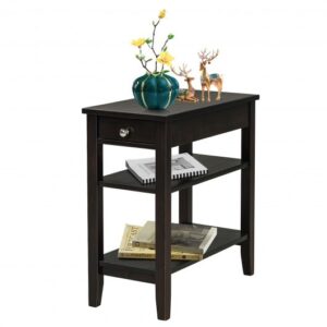 Side End Table with Drawer and 2-Tier Open Storage Shelves for Space Saving-Brown - Color: Brown