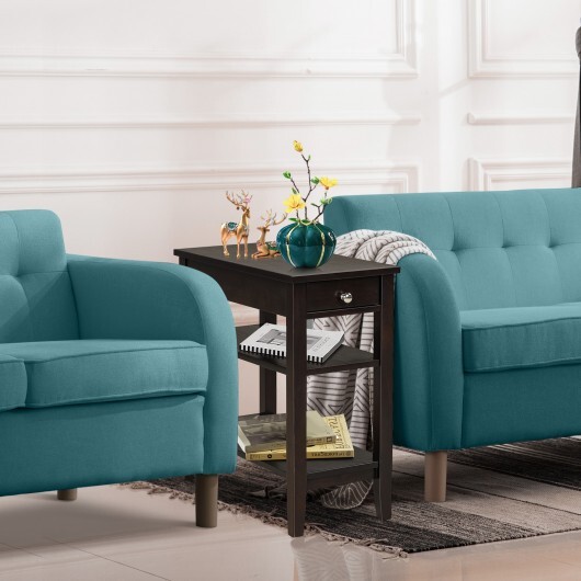 Side End Table with Drawer and 2-Tier Open Storage Shelves for Space Saving-Brown - Color: Brown - Image 2