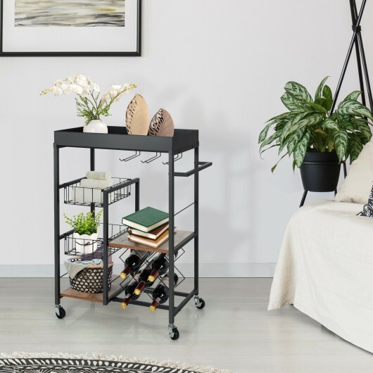 Kitchen Island Cart on Wheels with Removable Top and Wine Rack-Rustic Brown - Color: Rustic Brown - Image 2