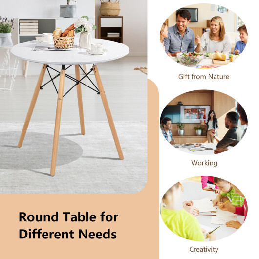 Round Modern Dining Table with Solid Wooden Leg-White - Color: White - Image 5