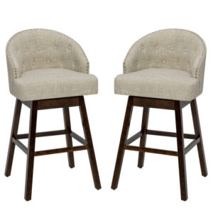 Set of 2 Swivel Bar Stools with Rubber Wood Legs and Padded Back-Beige - Color: Beige