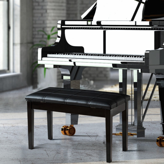 Solid Wood PU Leather Piano Double Duet Keyboard Bench-Black - Color: Black - Image 2