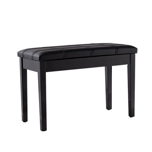 Solid Wood PU Leather Piano Double Duet Keyboard Bench-Black - Color: Black - Image 3