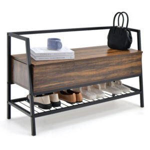 Industrial Shoe Bench with Storage Space and Metal Handrail-Rustic Brown - Color: Rustic Brown