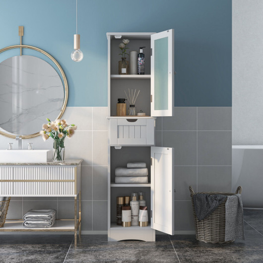Tall Floor Storage Cabinet with 2 Doors and 1 Drawer for Bathroom-White - Color: White - Image 2