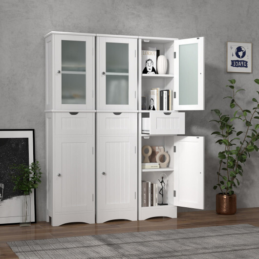 Tall Floor Storage Cabinet with 2 Doors and 1 Drawer for Bathroom-White - Color: White - Image 3