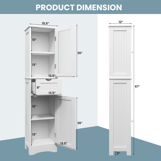Tall Floor Storage Cabinet with 2 Doors and 1 Drawer for Bathroom-White - Color: White - Image 5