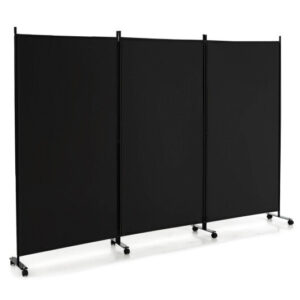 3 Panel Folding Room Divider with Lockable Wheels-Black - Color: Black