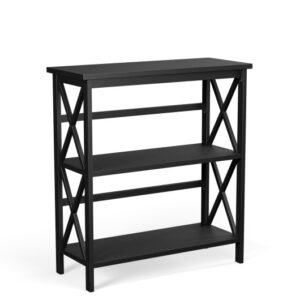 3-Tier Wooden Multi-Functional X-Design Etagere Storage Bookshelf-Black - Color: Black