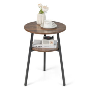 2-Tier Round End Table with Open Shelf and Triangular Metal Frame-Brown - Color: Brown