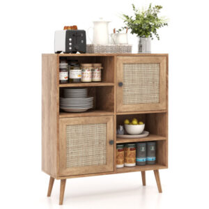 Rattan Buffet Cabinet with 2 Doors and 2 Cubbies-Natural - Color: Natural