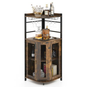 Industrial Corner Bar Cabinet with Glass Holder and Adjustable Shelf-Rustic Brown - Color: Rustic Brown