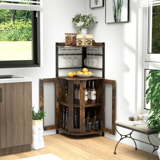 Industrial Corner Bar Cabinet with Glass Holder and Adjustable Shelf-Rustic Brown - Color: Rustic Brown - Image 2