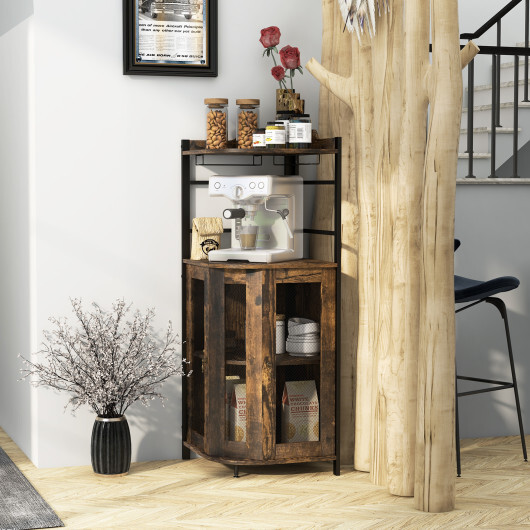 Industrial Corner Bar Cabinet with Glass Holder and Adjustable Shelf-Rustic Brown - Color: Rustic Brown - Image 3