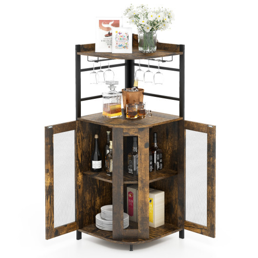 Industrial Corner Bar Cabinet with Glass Holder and Adjustable Shelf-Rustic Brown - Color: Rustic Brown - Image 4