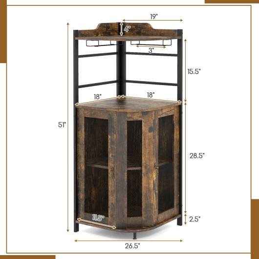 Industrial Corner Bar Cabinet with Glass Holder and Adjustable Shelf-Rustic Brown - Color: Rustic Brown - Image 5