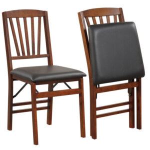 Set of 2 Folding Chairs with Padded Seat and Rubber Wood Frame-Brown - Color: Brown