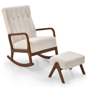 Rocking Chair with Ottoman and Solid Rubber Wood Frame and Padded Cushion-Beige - Color: Beige