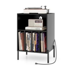 Record Player Stand with Record Storage Shelf and Charging Station-Black - Color: Black