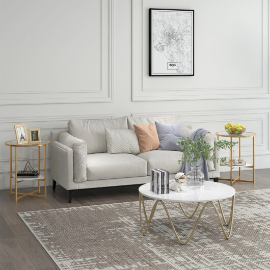 2-Tier Glass End Table Set of 2 with Faux Marble Storage Shelf-White - Color: White - Image 3