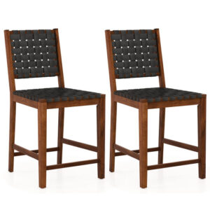 Set of 2 Woven Bar Stools with Faux PU Leather Straps-Black - Color: Black