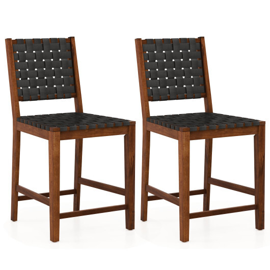 Set of 2 Woven Bar Stools with Faux PU Leather Straps-Black - Color: Black