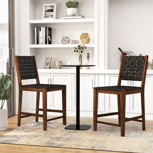Set of 2 Woven Bar Stools with Faux PU Leather Straps-Black - Color: Black - Image 2