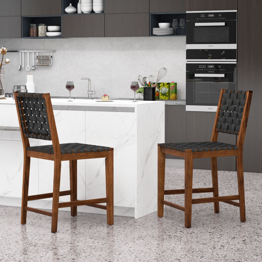 Set of 2 Woven Bar Stools with Faux PU Leather Straps-Black - Color: Black - Image 3