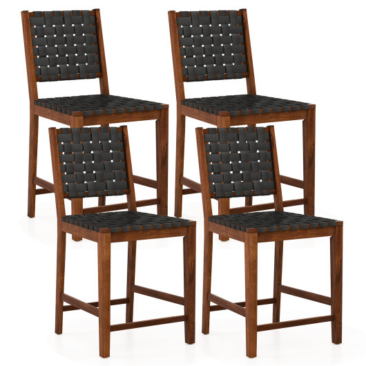 Set of 2 Woven Bar Stools with Faux PU Leather Straps-Black - Color: Black - Image 4