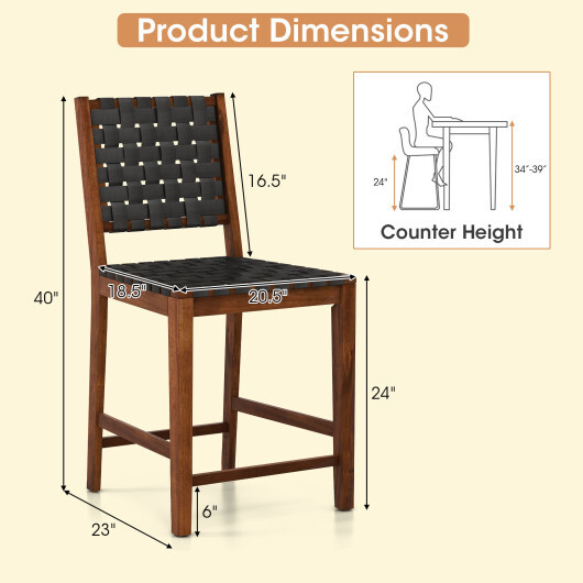 Set of 2 Woven Bar Stools with Faux PU Leather Straps-Black - Color: Black - Image 5