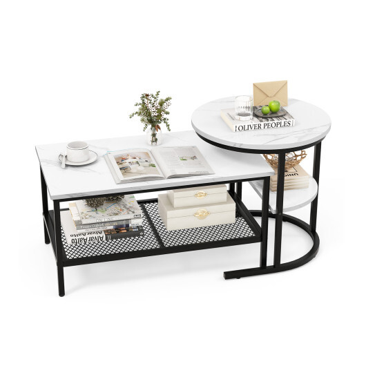 Set of 2 Nesting Coffee Table with Extra Storage Shelf for Living Room-Black - Color: Black