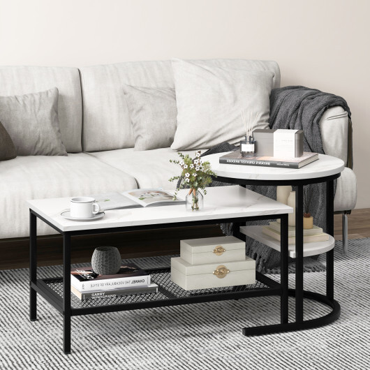 Set of 2 Nesting Coffee Table with Extra Storage Shelf for Living Room-Black - Color: Black - Image 2