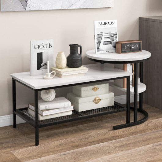 Set of 2 Nesting Coffee Table with Extra Storage Shelf for Living Room-Black - Color: Black - Image 3