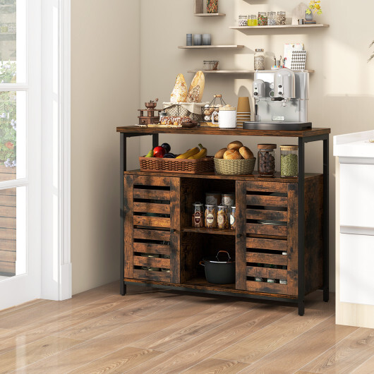 Buffet Cabinet Industrial Sideboard Storage Cabinet with Push-to-Open Slatted Door and 3 Adjustable Shelves-Rustic Brown - Color: Rustic Brown - Image 3