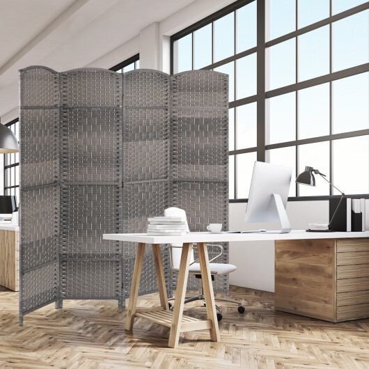 4-Panel Folding Privacy Screen with Hand-woven Pattern for Home Office Living Room-Gray - Color: Gray - Image 2