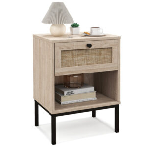 Rattan Nightstand Boho End Table with Rattan Drawer & Open Shelf-Oak - Color: Oak