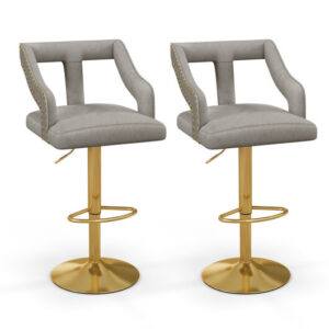 Set of 2 Bar Chairs with Footrest and 2-Layer Electroplated Metal Base-Gray - Color: Gray