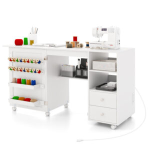 Folding Sewing Table with Charging Station and Storage Shelves-White - Color: White