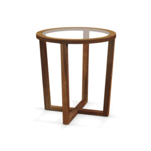 Modern Round End Table Sofa Side Table with Transparent Tempered Glass Top-Brown - Color: Brown