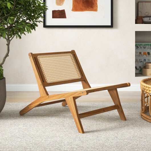 Teak Wooden Chair with Handwoven Rattan Seat and Backrest - Color: Natural - Image 2