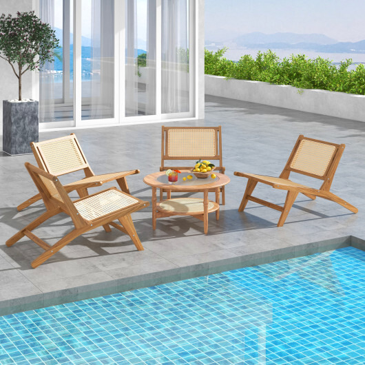 Teak Wooden Chair with Handwoven Rattan Seat and Backrest - Color: Natural - Image 3