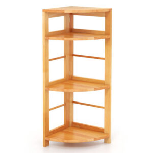 4-Tier Corner Shelf with Rubber Wood Frame and Anti-Toppling Kit - Color: Natural