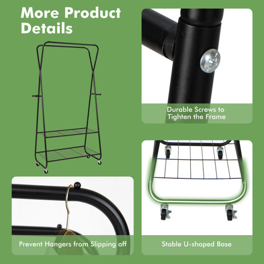 Heavy Duty Clothes Rack on Wheels with Shelves-Black - Color: Black - Image 5