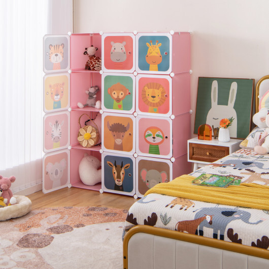 12 Cube Kids Wardrobe Closet with Hanging Section and Doors-Pink - Color: Pink - Image 2