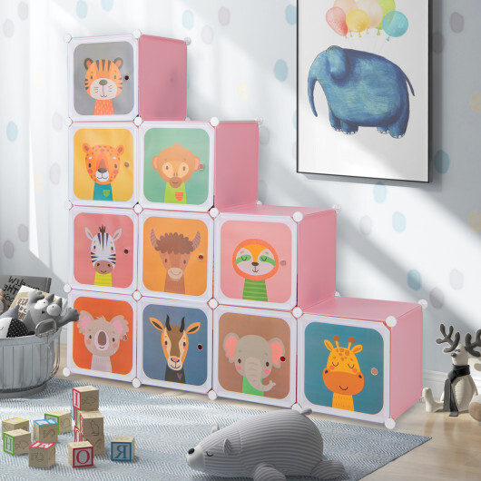 12 Cube Kids Wardrobe Closet with Hanging Section and Doors-Pink - Color: Pink - Image 3