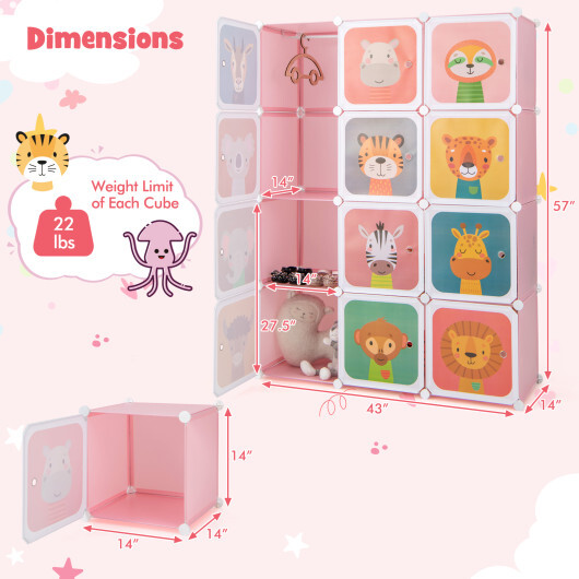 12 Cube Kids Wardrobe Closet with Hanging Section and Doors-Pink - Color: Pink - Image 4